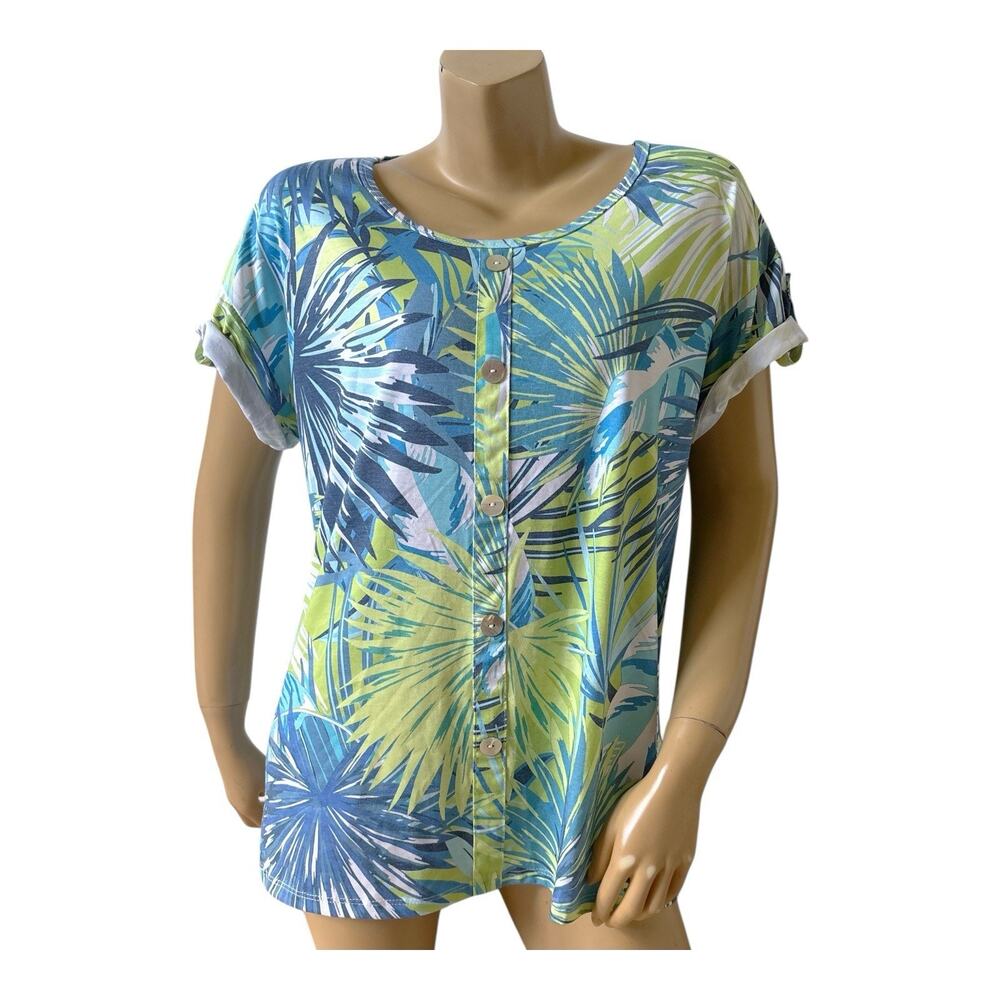Onque Casual Top Womens XL Blue Green Tropical Palm Print Short Sleeve Shirt